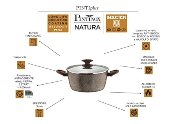 Pintinox Natura - Wok en aluminium, revêtement antiadhésif effet pierre, manche effet bois, couvercle en verre avec bouton soft-touch effet bois, convient pour induction, diamètre 28 cm – Image 4