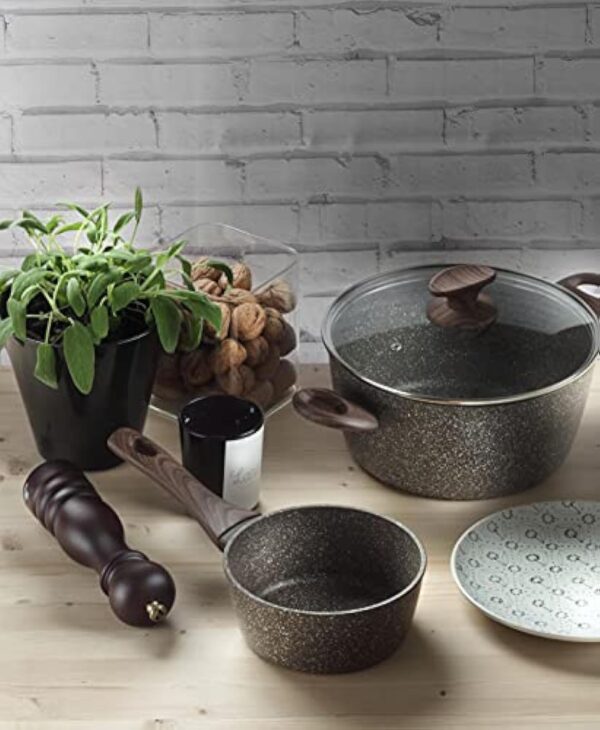 Pintinox Natura - Wok en aluminium, revêtement antiadhésif effet pierre, manche effet bois, couvercle en verre avec bouton soft-touch effet bois, convient pour induction, diamètre 28 cm – Image 5