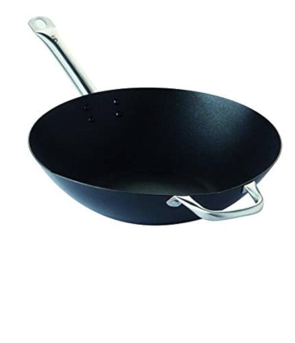 Point-Virgule wok en acier carbone avec revêtement anti-adhérent, pour feu gaz, eletrique, céramique, induction compris, 36cm