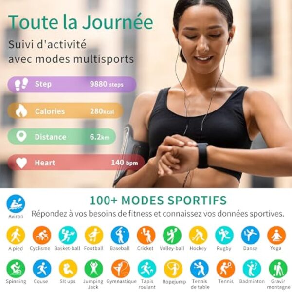 Popglory Montre Connectée Femme Homme avec Appel Bluetooth, 1,85'' Sport Smartwatch Moniteur de Fréquence Cardiaque/Tension Artérielle/SpO2/Podomètre/Sommeil, Montre Intelligente pour Android iOS – Image 6