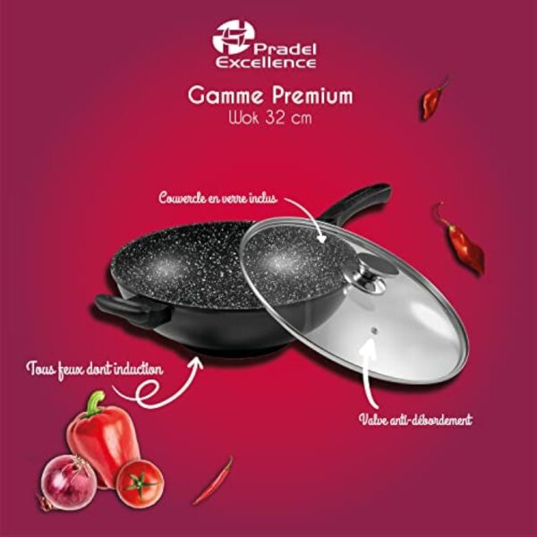 Pradel Excellence - 52885M - Wok 32 cm "Façon Pierre" avec Couvercle en Verre, tous Feux dont Induction – Image 6