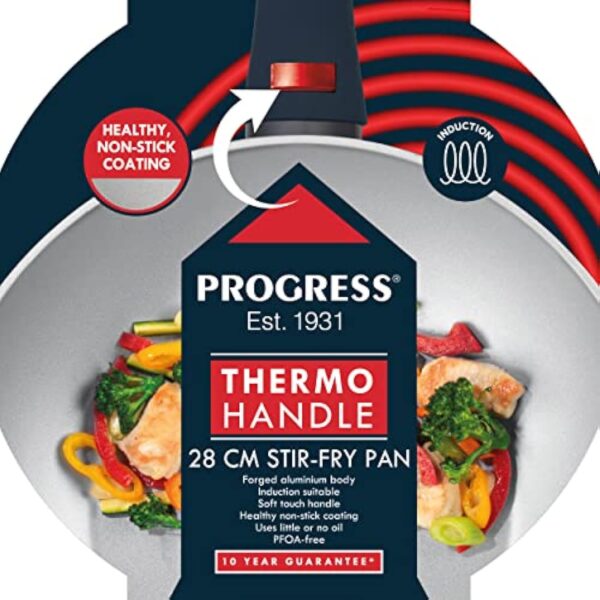 Progress BW10832EU7 Wok Sautuese Poêle Antiadhésive 28cm, Tous Feux Dont Induction, L’indicateur de poignée devient rouge lorsque la température optimale est atteinte, Thermo Handle, Gris/Bleu Foncé – Image 7