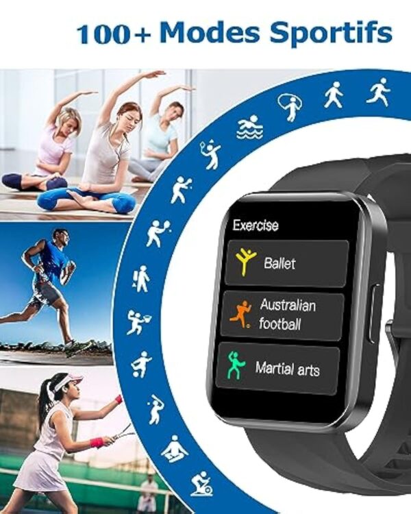 RUIMEN Montre Connectée Homme Femme Smartwatch Appel Bluetooth Montre Sport Podometre Cardiofrequencemetre Oxymetre Multisport pour Android iOS Noir – Image 4