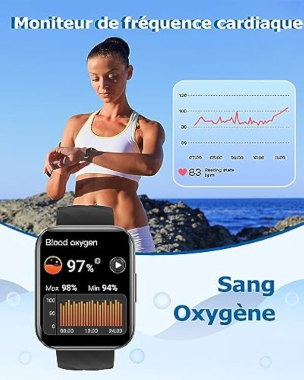 RUIMEN Montre Connectée Homme Femme Smartwatch Appel Bluetooth Montre Sport Podometre Cardiofrequencemetre Oxymetre Multisport pour Android iOS Noir – Image 5