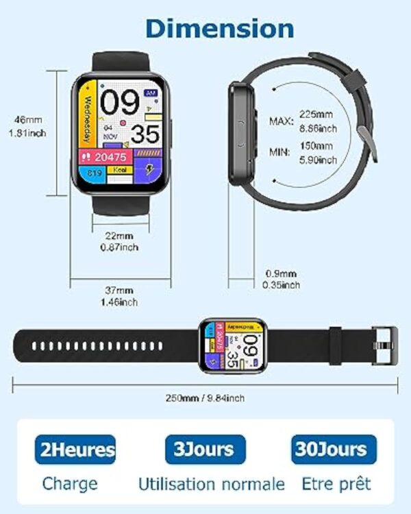 RUIMEN Montre Connectée Homme Femme Smartwatch Appel Bluetooth Montre Sport Podometre Cardiofrequencemetre Oxymetre Multisport pour Android iOS Noir – Image 7