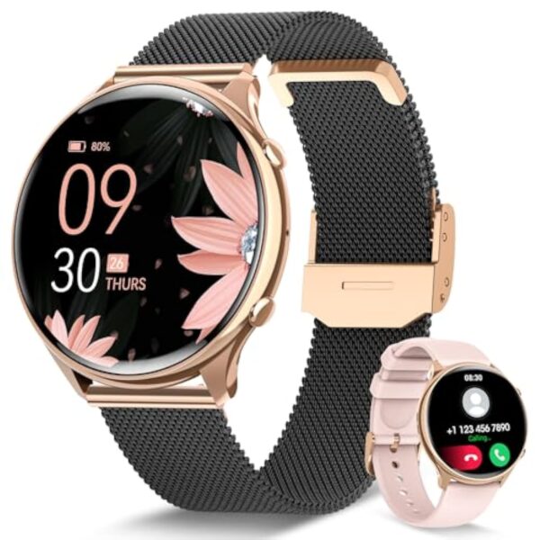 RUXINGX Montre Connectée Femme avec Appel Bluetooth 5.3, Smartwatch Suivi des Règles/120+ Modes Sport/SpO2/Fréquence Cardiaque/Sommeil/Tension Artérielle Podometre Calories IP68 Android iOS Or Noir – Image 2