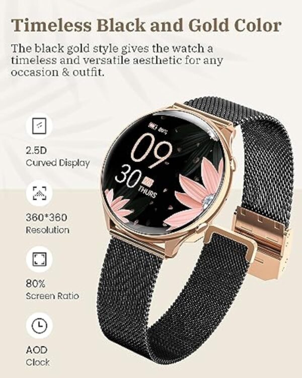 RUXINGX Montre Connectée Femme avec Appel Bluetooth 5.3, Smartwatch Suivi des Règles/120+ Modes Sport/SpO2/Fréquence Cardiaque/Sommeil/Tension Artérielle Podometre Calories IP68 Android iOS Or Noir – Image 3