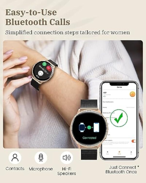 RUXINGX Montre Connectée Femme avec Appel Bluetooth 5.3, Smartwatch Suivi des Règles/120+ Modes Sport/SpO2/Fréquence Cardiaque/Sommeil/Tension Artérielle Podometre Calories IP68 Android iOS Or Noir – Image 5