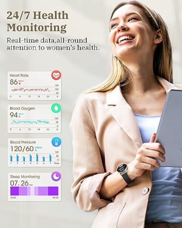 RUXINGX Montre Connectée Femme avec Appel Bluetooth 5.3, Smartwatch Suivi des Règles/120+ Modes Sport/SpO2/Fréquence Cardiaque/Sommeil/Tension Artérielle Podometre Calories IP68 Android iOS Or Noir – Image 8