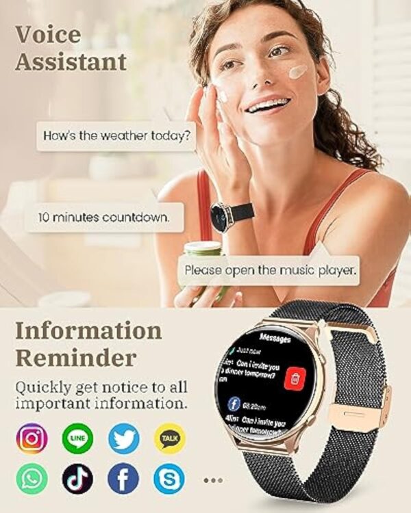 RUXINGX Montre Connectée Femme avec Appel Bluetooth 5.3, Smartwatch Suivi des Règles/120+ Modes Sport/SpO2/Fréquence Cardiaque/Sommeil/Tension Artérielle Podometre Calories IP68 Android iOS Or Noir – Image 9