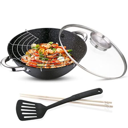 Renberg Wok Wasabi | Poêle à Wok avec revêtement en marbre et Couvercle en Verre | Fonctions et Accessoires Multiples | Wok en Fonte | Compatible avec Les plaques à Induction