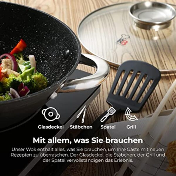 Renberg Wok Wasabi | Poêle à Wok avec revêtement en marbre et Couvercle en Verre | Fonctions et Accessoires Multiples | Wok en Fonte | Compatible avec Les plaques à Induction – Image 3