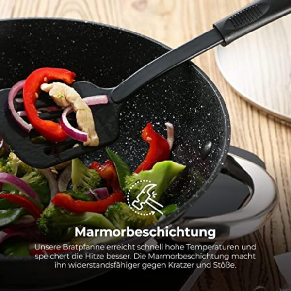 Renberg Wok Wasabi | Poêle à Wok avec revêtement en marbre et Couvercle en Verre | Fonctions et Accessoires Multiples | Wok en Fonte | Compatible avec Les plaques à Induction – Image 4