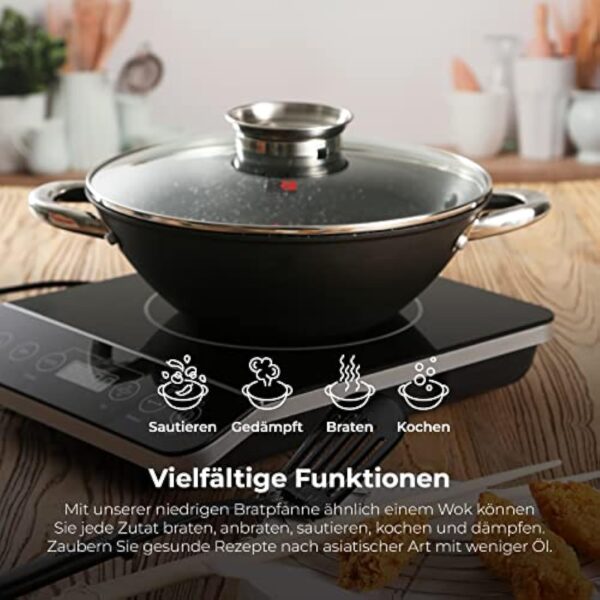 Renberg Wok Wasabi | Poêle à Wok avec revêtement en marbre et Couvercle en Verre | Fonctions et Accessoires Multiples | Wok en Fonte | Compatible avec Les plaques à Induction – Image 5