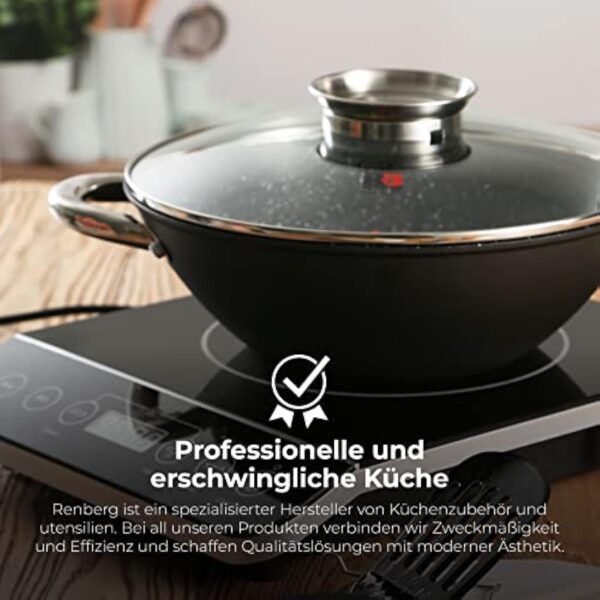 Renberg Wok Wasabi | Poêle à Wok avec revêtement en marbre et Couvercle en Verre | Fonctions et Accessoires Multiples | Wok en Fonte | Compatible avec Les plaques à Induction – Image 7