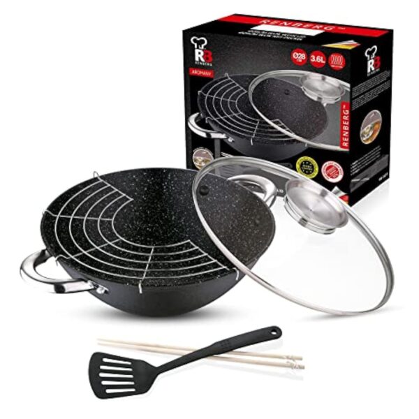 Renberg Wok Wasabi | Poêle à Wok avec revêtement en marbre et Couvercle en Verre | Fonctions et Accessoires Multiples | Wok en Fonte | Compatible avec Les plaques à Induction – Image 8