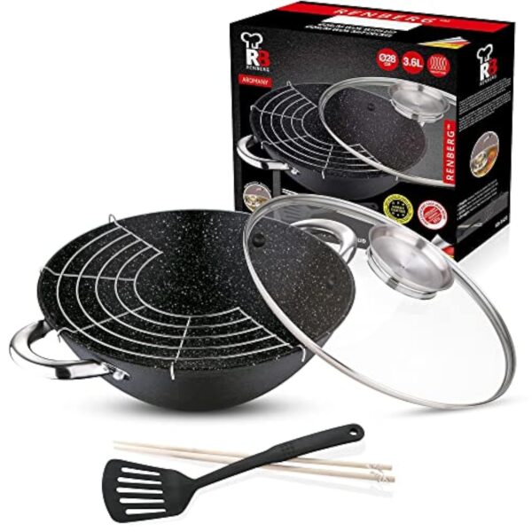 Renberg Wok Wasabi | Poêle à Wok avec revêtement en marbre et Couvercle en Verre | Fonctions et Accessoires Multiples | Wok en Fonte | Compatible avec Les plaques à Induction – Image 9