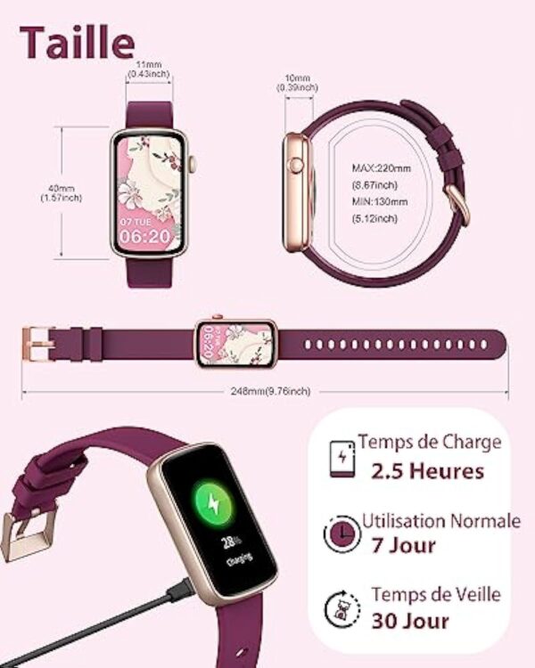SHANG WING Montre Connectée Femme Montre Sport Bracelet Connecté Podometre Cardiofrequencemetre Oxymetre Trackers d'Activité Smartwatch Etanche IP68 pour Android iOS Notification SMS/Appel Violet – Image 7