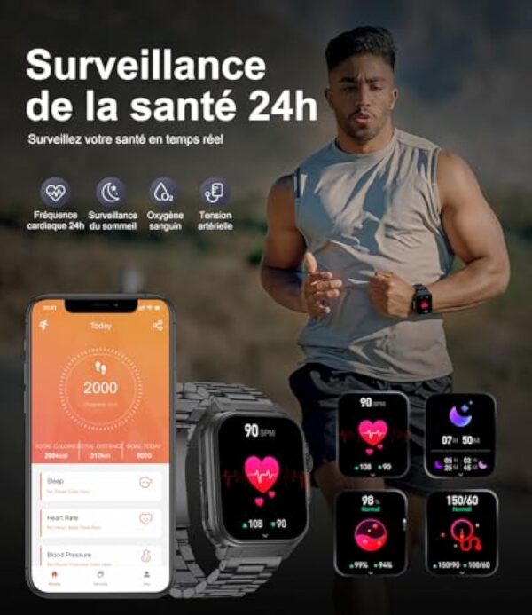 SIEMORL Montre Connectée Homme, 1,96'' Smartwatch avec 600mAh Grande Batterie, 123 Modes Sportifs Etanche IP68 Montre Intelligente, Sommeil Fréquence Cardiaque SpO2 pour Android iOS – Image 4