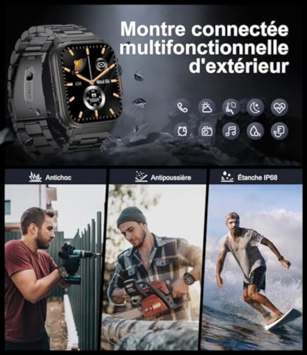 SIEMORL Montre Connectée Homme, 1,96'' Smartwatch avec 600mAh Grande Batterie, 123 Modes Sportifs Etanche IP68 Montre Intelligente, Sommeil Fréquence Cardiaque SpO2 pour Android iOS – Image 5