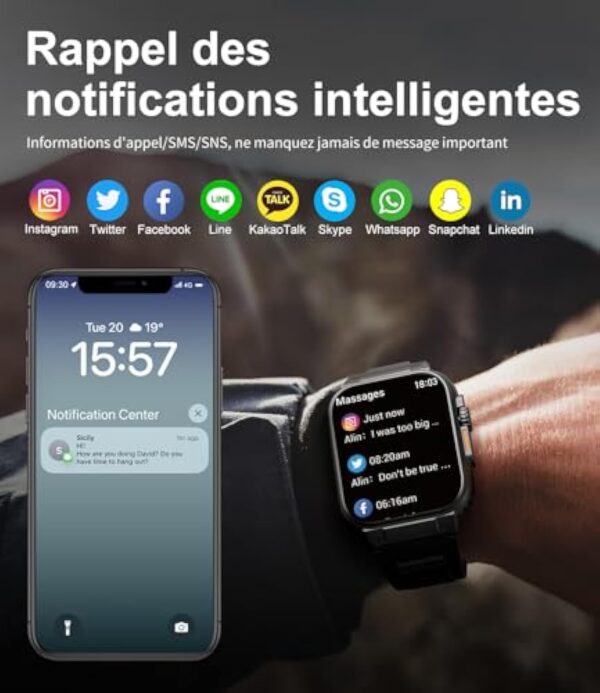 SIEMORL Montre Connectée Homme, 1,96'' Smartwatch avec 600mAh Grande Batterie, 123 Modes Sportifs Etanche IP68 Montre Intelligente, Sommeil Fréquence Cardiaque SpO2 pour Android iOS – Image 8