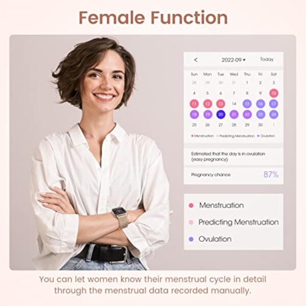SWGOTA Montre Connectée Femme avec Appels Numérotation Bluetooth, 1.85'' HD Smartwatch Fonction Féminine Fréquence Cardiaque Sommeil SpO2 IP68 Étanche 18 Modes Sportifs Podomètre iOS Android Or Rose – Image 6
