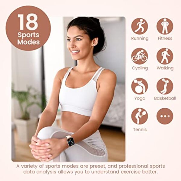 SWGOTA Montre Connectée Femme avec Appels Numérotation Bluetooth, 1.85'' HD Smartwatch Fonction Féminine Fréquence Cardiaque Sommeil SpO2 IP68 Étanche 18 Modes Sportifs Podomètre iOS Android Or Rose – Image 7