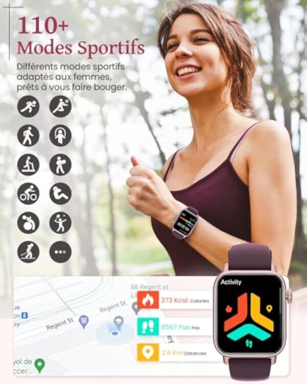 SWGOTA Montre Connectée Femme avec Appel Bluetooth, 3 Bracelets Santé Féminine Sommeil Fréquence Cardiaque SpO2, 110 Modes Sportifs, Grande Autonomie 1.83" Smartwatch Android iOS, Rose, Cadeau Femme – Image 7