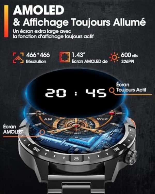 SWGOTA Montre Connectée Homme avec Appel Bluetooth 1,43" AMOLED Affichage Toujours Allumé Smartwatch avec Appel Bluetooth, Fréquence Cardiaque, Sommeil/SpO2/70+ Modes Sportifs, IP68 pour Android iOS – Image 8
