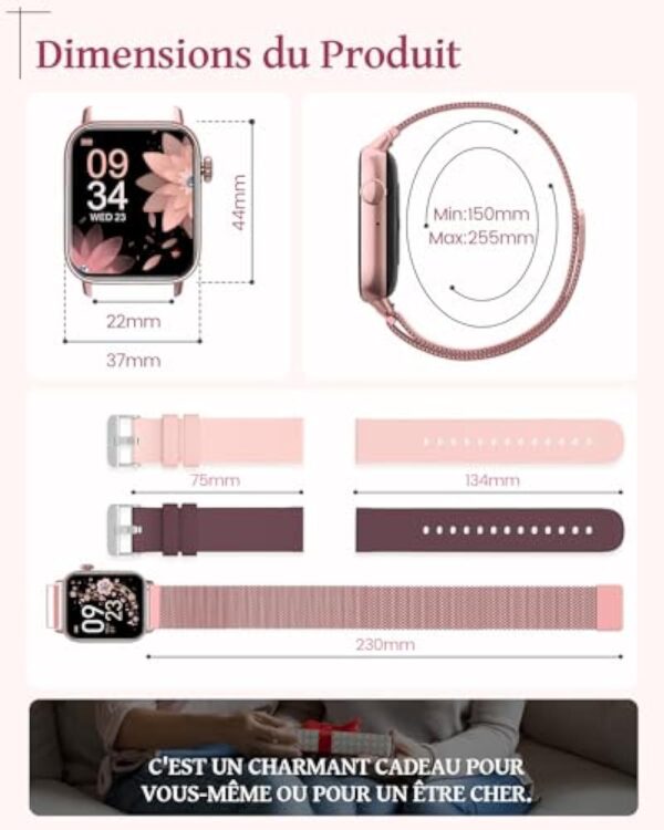 SWGOTA Montre Connectée Femme avec Appel Bluetooth, 3 Bracelets Santé Féminine Sommeil Fréquence Cardiaque SpO2, 110 Modes Sportifs, Grande Autonomie 1.83" Smartwatch Android iOS, Rose, Cadeau Femme – Image 9