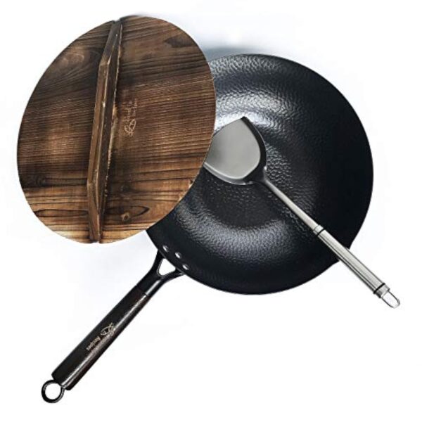 Souped Up Recipes Wok en acier au carbone pour cuisinières électriques, à induction et à gaz (couvercle, spatule et guide d'utilisation vidéo (français non garanti) inclus) – Image 2