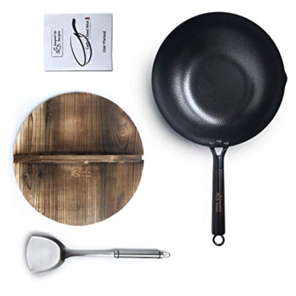 Souped Up Recipes Wok en acier au carbone pour cuisinières électriques, à induction et à gaz (couvercle, spatule et guide d'utilisation vidéo (français non garanti) inclus) – Image 9