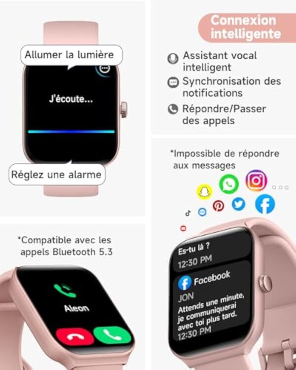 TOOBUR Montre Connectée Femme avec Alexa et Podometre, 1,95" Smartwatch Motre Sport avec 100 Sports,Repondre Appel et Cardiofrequencemetre,Étanche IP68 Natation,Compatible avec iOS et Android Rose – Image 3