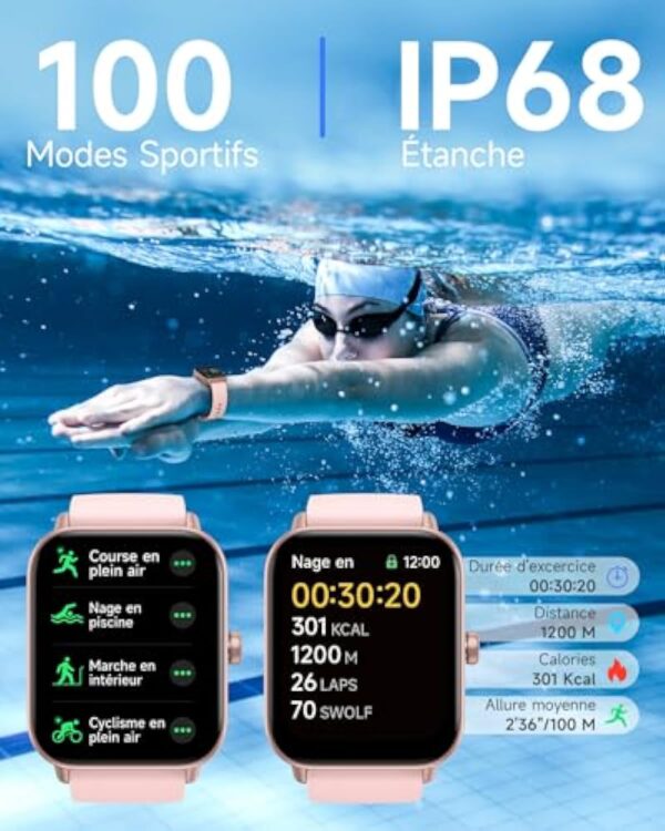 TOOBUR Montre Connectée Femme avec Alexa et Podometre, 1,8" Smartwatch Motre Sport avec 100 Sports, Repondre Appel et cardiofrequencemetre, Étanche IP68 Natation, Compatible avec iOS et Android – Image 6