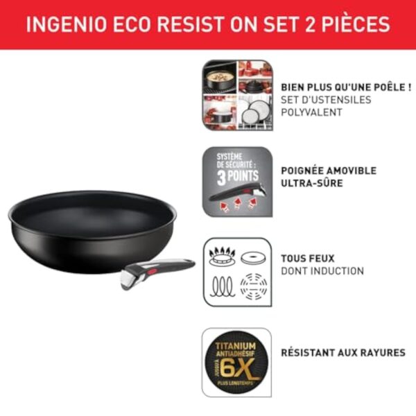 Tefal Ingenio Poêle Wok 28 cm + poignée amovible, Induction, Revêtement antiadhésif, Indicateur démarrage de cuisson, Empilable, Compatible lave-vaisselle, Fabriqué en France, Eco Resist On L7679102 – Image 3
