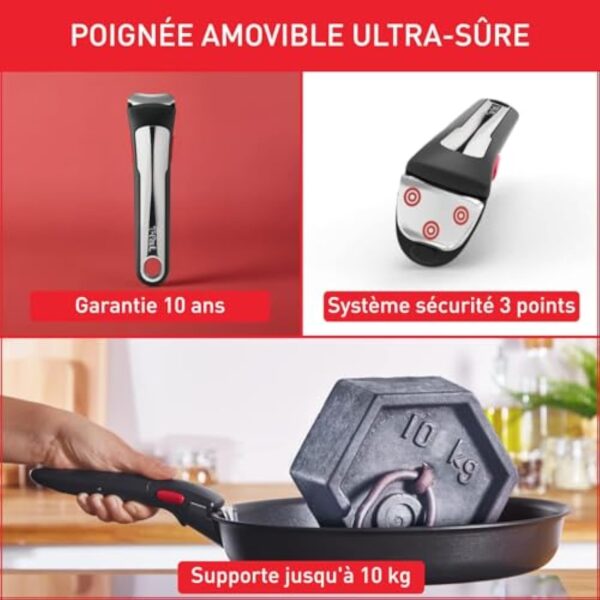 Tefal Ingenio Poêle Wok 28 cm + poignée amovible, Induction, Revêtement antiadhésif, Indicateur démarrage de cuisson, Empilable, Compatible lave-vaisselle, Fabriqué en France, Eco Resist On L7679102 – Image 6