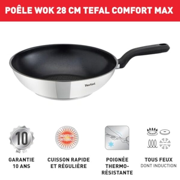 Tefal Poêle wok 28 cm, 6 à 8 personnes, Induction, Revêtement antiadhésif, Acier inoxydable, Indicateur de température Thermo-Spot, Comfort Max G7261944 – Image 3