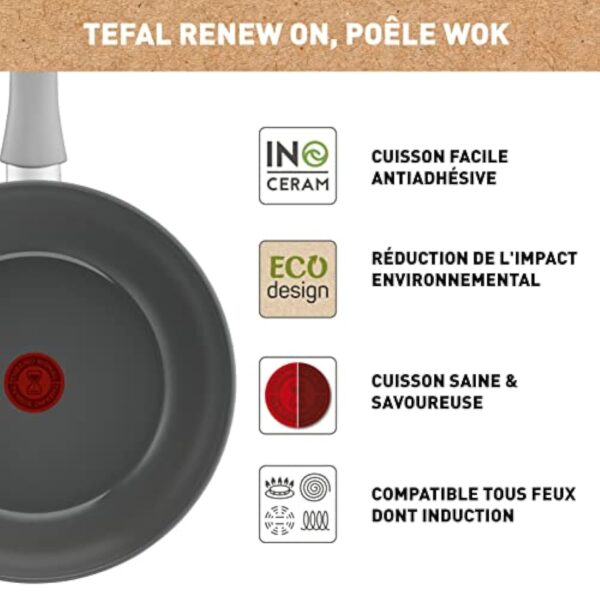 Tefal Renew On Poêle Wok Gris 28 cm, Revêtement antiadhésif céramique, Induction, Indicateur de cuisson Thermo-Signal, Eco-conception, Cuisson saine, Fabriqué en France C4271932 – Image 3