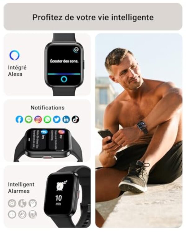 Tensky Montre Connectée Homme Femme[Alexa & Appel Bluetooth] 1,8" HD Smartwatch SpO2/Sommeil/Fréquence Cardiaque, Montre Intelligente Homme Etanche IP68,100+ Modes Sportifs pour iOS, Android-Noir – Image 3