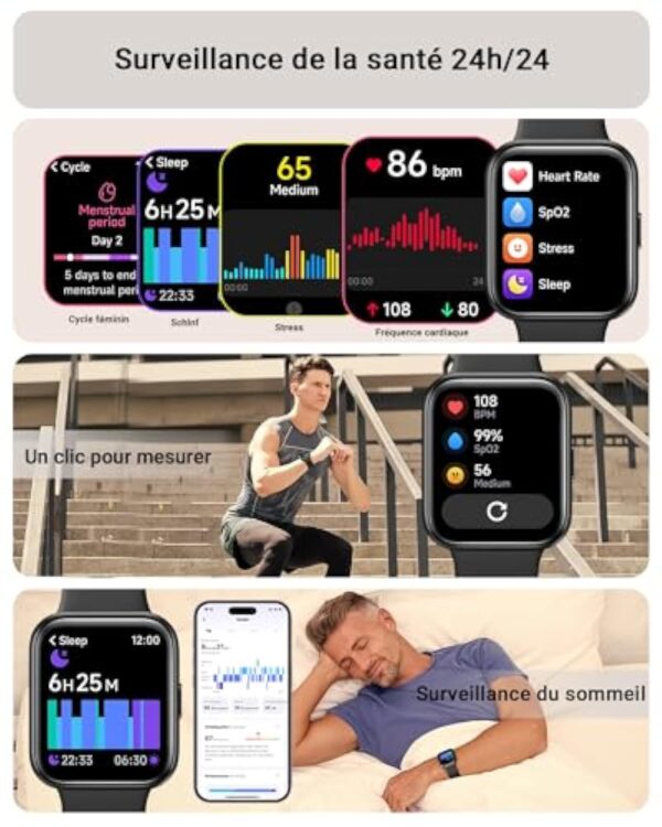 Tensky Montre Connectée Homme Femme[Alexa & Appel Bluetooth] 1,8" HD Smartwatch SpO2/Sommeil/Fréquence Cardiaque, Montre Intelligente Homme Etanche IP68,100+ Modes Sportifs pour iOS, Android-Noir – Image 6