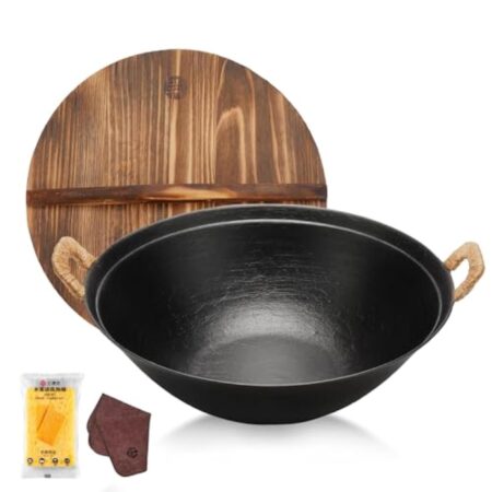 WANGYUANJI Wok en fonte 34 cm avec couvercle pour induction, feu, gaz