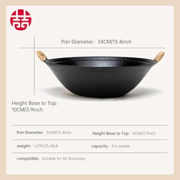 WANGYUANJI Wok en fonte 34 cm avec couvercle pour induction, feu, gaz – Image 3