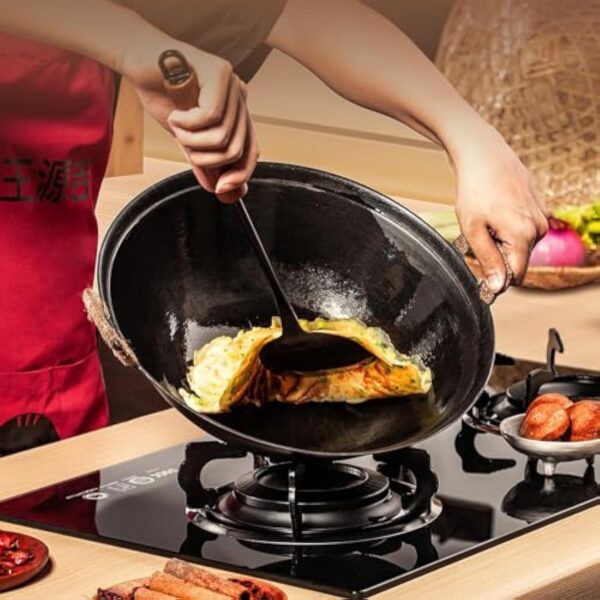 WANGYUANJI Wok en fonte 34 cm avec couvercle pour induction, feu, gaz – Image 5