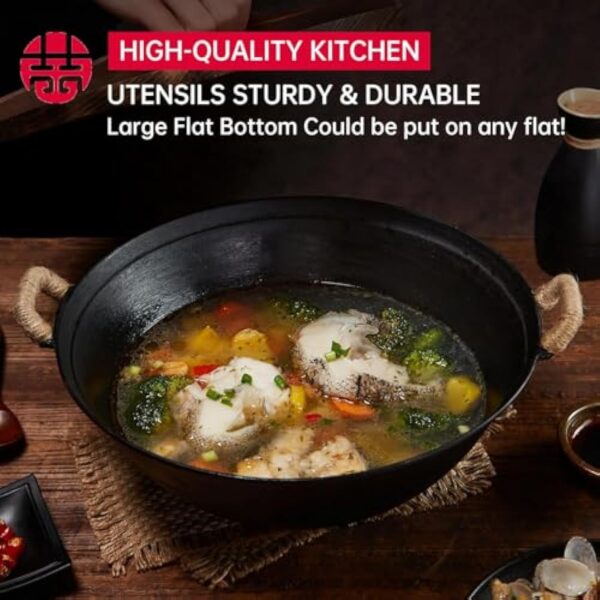 WANGYUANJI Wok en fonte 34 cm avec couvercle pour induction, feu, gaz – Image 6