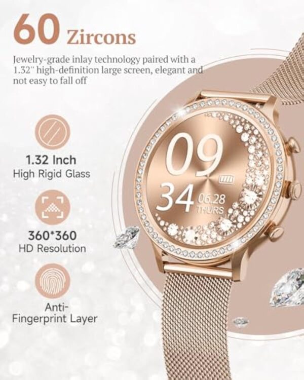 XINGHESF Montre Connectée Femme avec Appel Bluetooth, 1.32'' HD, Fonction Féminine, 3 Bracelet, Fréquence Cardiaque, SpO2, Sommeil, Podomètre, Calories IP68 pour iOS Android Or Rose Cadeau Femme – Image 3