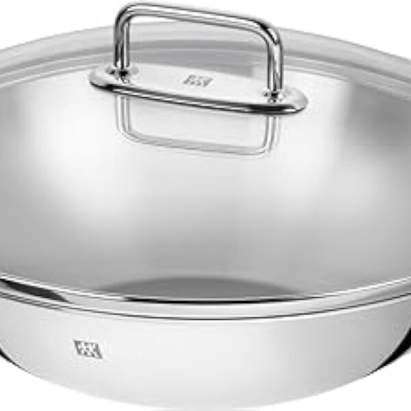 ZWILLING Wok 40992-332-0, avec couvercle en verre et insert à grille amovible, adapté à l'induction, Ø 32 cm, acier inoxydable, Plus, argent