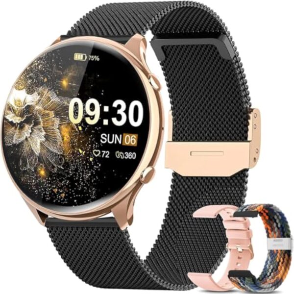 elfofle Montre Connectée Femme avec Appel Bluetooth, écran Tactile TFT HD 1,39", IP67, étanche avec 120 Sports, Fréquence Cardiaque, Cycle Menstruel,Podomètre pour Android iOS Or Noir Cadeau – Image 2