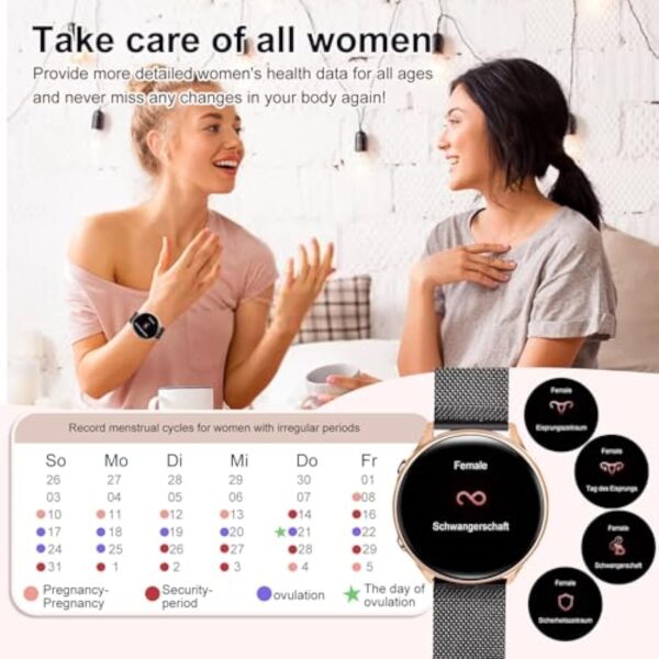 elfofle Montre Connectée Femme avec Appel Bluetooth, écran Tactile TFT HD 1,39", IP67, étanche avec 120 Sports, Fréquence Cardiaque, Cycle Menstruel,Podomètre pour Android iOS Or Noir Cadeau – Image 4