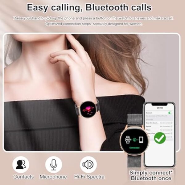 elfofle Montre Connectée Femme avec Appel Bluetooth, écran Tactile TFT HD 1,39", IP67, étanche avec 120 Sports, Fréquence Cardiaque, Cycle Menstruel,Podomètre pour Android iOS Or Noir Cadeau – Image 5