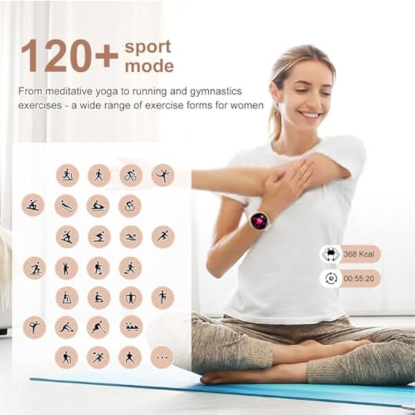 elfofle Montre Connectée Femme avec Appel Bluetooth, écran Tactile TFT HD 1,39", IP67, étanche avec 120 Sports, Fréquence Cardiaque, Cycle Menstruel,Podomètre pour Android iOS Or Noir Cadeau – Image 7